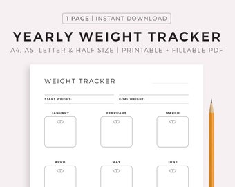 Yearly Weight Tracker Printable, Monthly Weight Goal Progress, Weight Loss Journal, Fitness Planner, A4/A5/Letter/Half, Instant Download