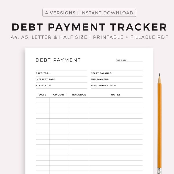 Debt Payment Tracker Printable, Debt Payoff Log, Debt Repayment Plan, Money Planner, Budget Planner, A4/A5/Letter/Half, Instant Download PDF
