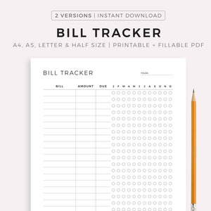 Printable Bill Tracker Template, Bill Organizer, Monthly Yearly Bill Payment Log, Budget Tracker, A4/A5/Letter/Half Size, Instant Download