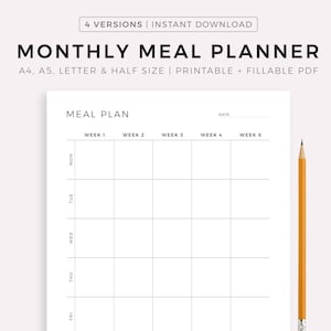 Planificador de comidas mensual imprimible, planificador de menú de 30 días, planificador de comidas, salud y bienestar, tamaño A4/A5/carta/medio, descarga instantánea en PDF