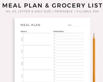 Weekly Meal Planner with Grocery List Printable Template, 7 Day Menu Plan, Food Planner, Health & Fitness, A4/A5/Letter/Half
