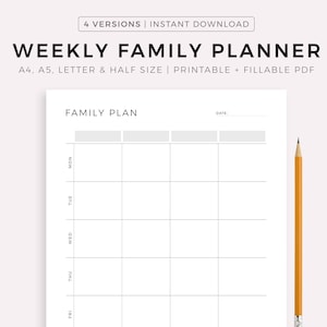 Planificador familiar semanal imprimible, horario familiar, organizador familiar, calendario familiar, centro de control, tamaño A4/A5/carta/media página, descarga instantánea en PDF
