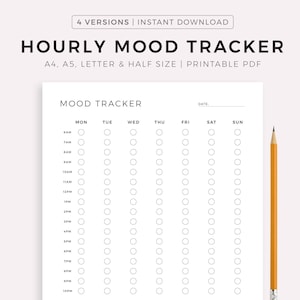 Afdrukbare stemmingstracker per uur, wekelijks stemmingsdagboek, emotietracker, stemmingsgrafiek, wellnessplanner, A4/A5/Letter/Half, pdf direct downloaden
