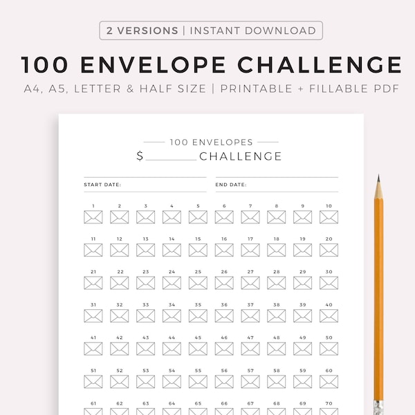 100 Envelope Challenge Printable, Money Saving Challenge, Savings Trackers, Finance Planner, A4/A5/Letter/Half, Instant Download PDF