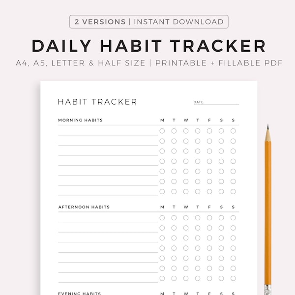 Daily Habit Tracker, Daily Routine Planner, Routine Checklist, A4/A5/Letter/Half, Printable & Fillable PDF, Instant Download