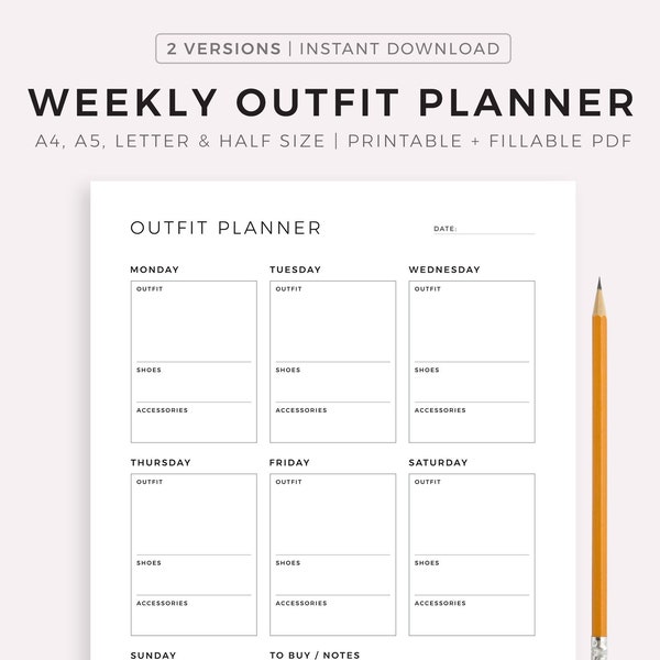 Weekly Outfit Planner for Work, Daily Activities, Special Events, Gym, Travel, ect.. A4/A5/Letter/Half Size, Instant Download PDF