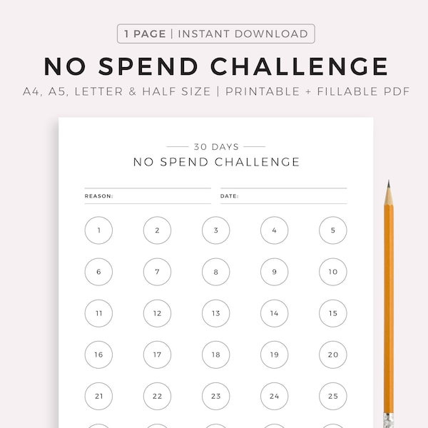 30 Day No Spending Challenge, Money Saving Challenge, Savings Tracker, Budget Planner, A4/A5/Letter/Half, Instant Download PDF