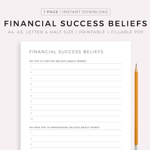 Creencias para el éxito financiero, mentalidad financiera, plan para el éxito, tamaño A4/A5/carta/medio, imprimible y rellenable, descarga instantánea en PDF