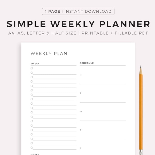 Simple Weekly Planner Printable, Weekly To Do List, Weekly Agenda, Undated Weekly Planner Pages, Instant Downloiad, A4/A5/Letter/Half Size