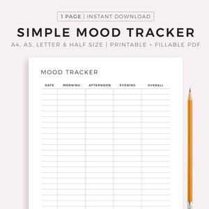 Simple Mood Tracker afdrukbaar, dagelijks stemmingsdagboek, emotietracker, stemmingsgrafiek, wellnessplanner, A4/A5/Letter/Half, Instant Download PDF