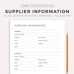 Detailed Supplier Information Printable, Supplier Profile Template, Supplies Vendor Contacts, Business Owner Organizer, Instant Dowload PDF