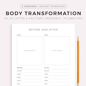 Transformação corporal antes e depois, fotos do progresso do treino, jornada de condicionamento físico, metas de condicionamento físico, A4/A5/Carta/Meio, download instantâneo de PDF