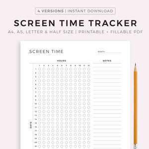 Rastreador de tempo de tela para impressão - Controle sua vida digital monitorando seu tempo de tela, A4/A5/Carta/Meio, download instantâneo em PDF
