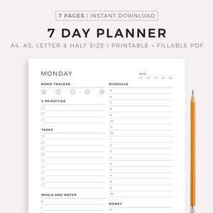Planificador de 7 días imprimible, planificador diario, planificador semanal, lista de tareas diarias para el trabajo/vida personal, descarga instantánea, A4/A5/carta/media carta