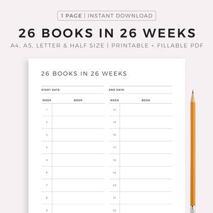 Desafío de leer 26 libros en 26 semanas, Registro de lectura, Lista de libros para leer, Diario de lectura, Tamaño A4/A5/Carta/Media página, Descarga instantánea en PDF