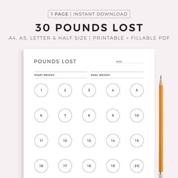 30 Pounds Lost Weight Tracker Printable, Weight Loss Tracker, Weight Loss Journal, Weight Goal, A4/A5/Letter/Half, Instant Download PDF