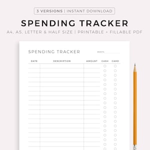 Spending Tracker Printable, Expense Tracker, Budget Template, Financial Planner, A4/A5/Letter/Half Size, Instant Download PDF