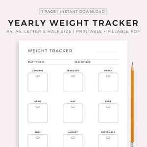 Jaarlijkse gewichtstracker afdrukbaar, maandelijkse voortgang gewichtsdoelstelling, dagboek voor gewichtsverlies, fitnessplanner, A4/A5/Letter/Half, Instant Download