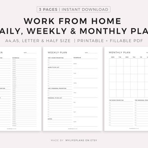 Work From Home Daily Planner, Weekly Planner, Monthly Planner, Productivity Planner, Instant Download, A4/A5/Letter/Half Size image 1