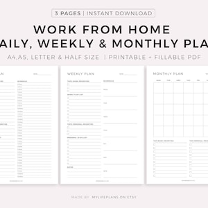 Work From Home Daily Planner, Weekly Planner, Monthly Planner, Productivity Planner, Instant Download, A4/A5/Letter/Half Size image 1