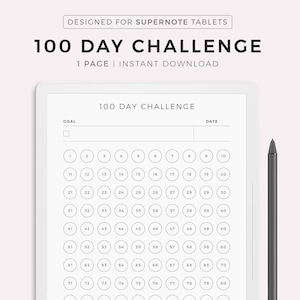 May include: A black and white 100-day challenge tracker for a digital planner. The tracker has a goal and date section at the top and a reward section at the bottom. The tracker is designed for Supernote tablets.