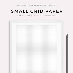 May include: A white tablet with a black grid pattern on the screen. The tablet is designed for Supernote tablets and is labeled "Small Grid Paper". The text "3 Versions | Instant Download" is also visible on the screen. A black stylus is positioned to the right of the tablet.