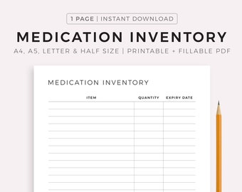 Medication Inventory Printable Template, A4/A5/Letter/Half Size, Instant Download PDF