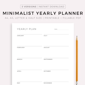 Planejador anual minimalista em uma página, resumo do ano, visão geral anual, A4/A5/carta/metade, imprimível e preenchível, download instantâneo em PDF