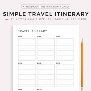 Itinerário de viagem simples para impressão, modelo de planejador de viagens, planejador de férias, cronograma de viagens, tamanho A4/A5/carta/meio, download instantâneo em PDF