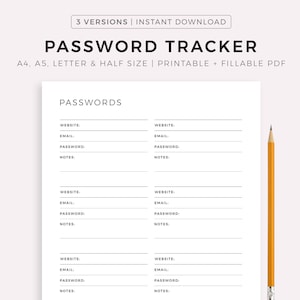 Printable Password Tracker Fillable, Password Organizer, Password Log, Password Keeper, A4/A5/Letter/Half, Instant Download PDF