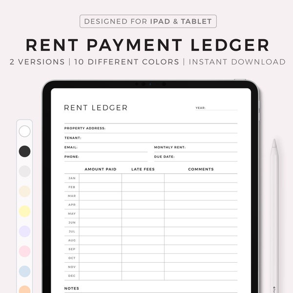 Digital Rent Payment Ledger Template, Tenant Payment Tracker, Monthly Rent Payments, Landlord Ledger, iPad & Tablet, Goodnotes, Notability