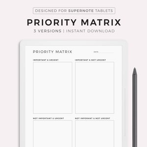 May include: A black and white printable priority matrix template for Supernote tablets. The template is divided into four quadrants labeled "Important & Urgent", "Important & Not Urgent", "Not Important & Urgent", and "Not Important & Not Urgent".