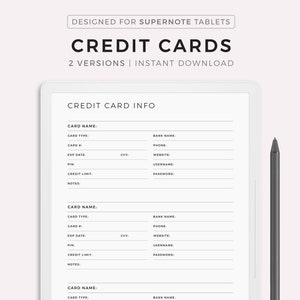 Credit Card Tracker für Supernote A5X2/A5X/A5/A6X2/A6X/A6, Kreditkarten Liste, Kreditkarteninformationen, Sofort Download