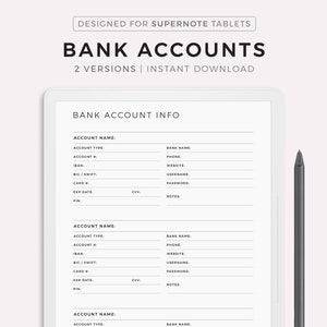 Bankkonten Tracker für Supernote A5X2/A5X/A5/A6X2/A6X/A6, Bankkontenliste, Bankdaten, sofort Download