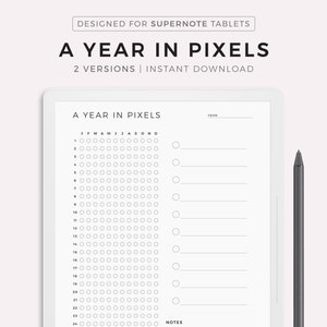 May include: A black and white printable planner for a year in pixels. The planner has a grid of circles for each day of the year, with a space for notes and a year label.