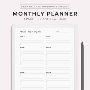 May include: A black and white monthly planner designed for Supernote tablets. The planner includes sections for goals, focus, and four weeks of the month. It also has a notes section at the bottom.