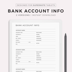 Bank Account Information Tracker, Bankdaten, Bankdaten, kompatibel mit Supernote A5X2/A5X/A5/A6X2/A6X/A6, Instant Download