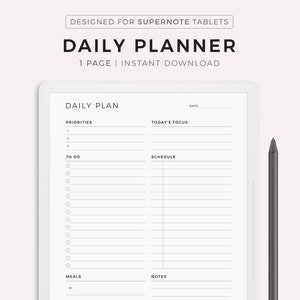 Peut inclure: Un modèle de planificateur quotidien noir et blanc conçu pour les tablettes Supernote. Le modèle comprend des sections pour les priorités, la liste des choses à faire, l'horaire, les repas et les notes.