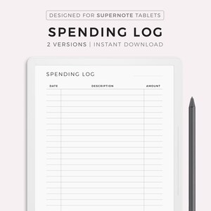 Puede incluir: Un bloc de notas digital blanco con un borde negro y un lápiz táctil negro. El bloc de notas tiene un título que dice "Spending Log" e incluye columnas para "Fecha", "Descripción" y "Cantidad".