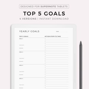 May include: A black and white printable planner for setting yearly goals. The planner is designed for Supernote tablets and includes space for five goals, a "why" section, a reward section, and action steps to take. The planner also includes the text "Yearly Goals" and "Top 5 Goals".
