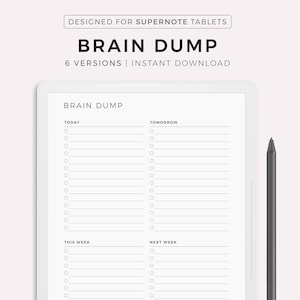 Könnte beinhalten: Ein druckbarer Brain-Dump-Planer für Supernote-Tablets. Der Planer ist in vier Abschnitte unterteilt: Heute, Morgen, Diese Woche und Nächste Woche. Jeder Abschnitt enthält eine Liste leerer Zeilen, um Aufgaben oder Ideen aufzuschreiben.