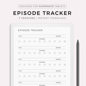 May include: A black and white printable episode tracker for Supernote tablets. The tracker has seven versions and includes spaces to write the title, season, and episode numbers.