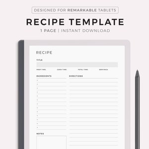 Modello di ricetta per Remarkable 2, libro di ricette, pagina di ricette vuota, scheda di ricetta, diario di cucina casalinga, organizzatore di ricette, download immediato