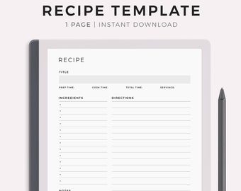 Recipe Template for Remarkable 2, Recipe Book, Blank Recipe Page, Recipe Card, Home Cook Book Journal, Recipe Organizer, Instant Download