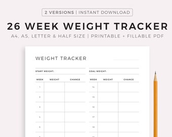 26 Week Weight Tracker Printable & Fillable, Weight Loss Tracker, Weight Log, Weight Journal, A4/A5/Letter/Half Size, Instant Download PDF