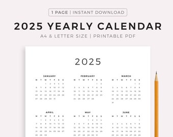 2025 Year Calendar Printable, Yearly Wall Calendar, Desk Calendar, Sunday & Monday Start, Minimalist Calendar, A4/Letter, Vertical