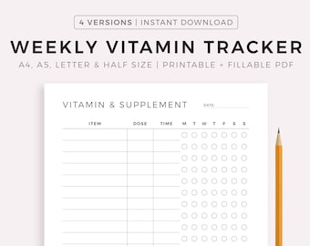 Weekly Vitamin Tracker Printable, Supplement Checklist, Daily Vitamin İntake Reminder, Fitness and Health Planner, A4/A5/Letter/Half Size