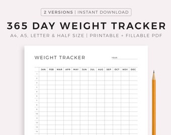 365 Day Weight Tracker Printable & Fillable, Daily Weight Journal, Weight Loss Tracker, Weight Log, A4/A5/Letter/Half Size, Instant Download