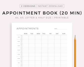 Appointment Book 20 Minute Intervals, Appointment Reminder, Meeting Tracker, Week At a Glance, A4/A5/Letter/Half Size, Instant Download PDF