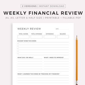 Revisão Financeira Semanal, Reflexão Financeira, Avaliação Orçamentária, Resumo Financeiro, Modelo de Encarte para Impressão, Tamanho A4/A5/Carta/Meio